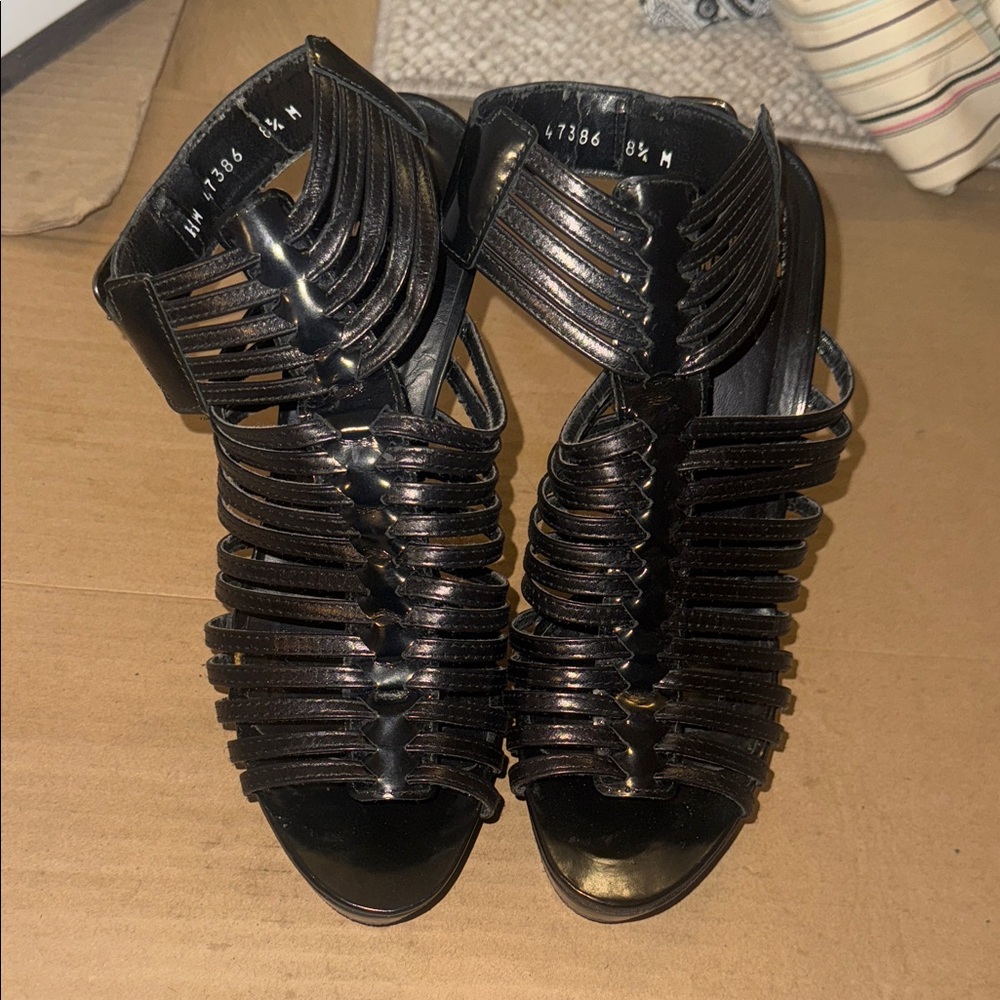 Stuart Weitzman Black Strappy Caged High Heels